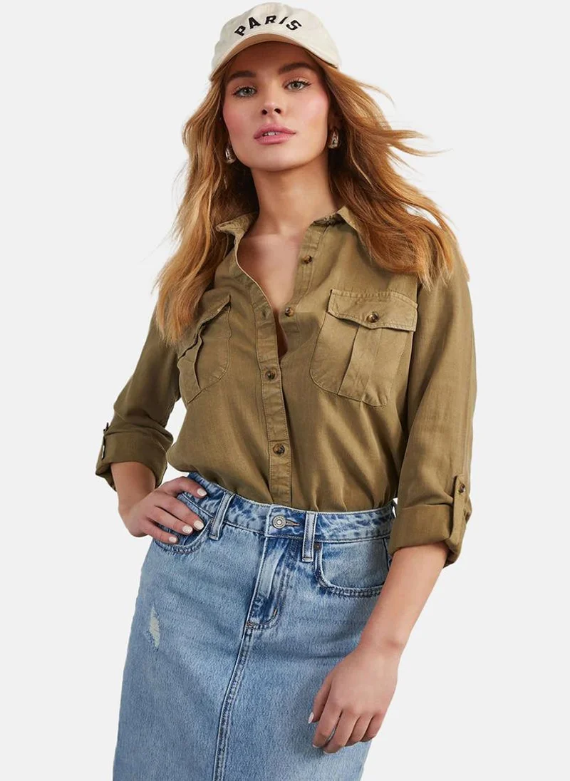 يونيكي Brown Regular Fit Spread Collar Long Sleeves Shirts