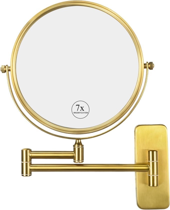 BRASS MAKE UP MIRROR WALL MOUNTED1X AND 7X DOUBLESIDED MAGNIFYING MIRROR BRASS VANITY MIRROR FOR BATHROOM WALL EXTENDABLE SWIVEL ANTIQUE BRASS FINISH 8 INCH 7X