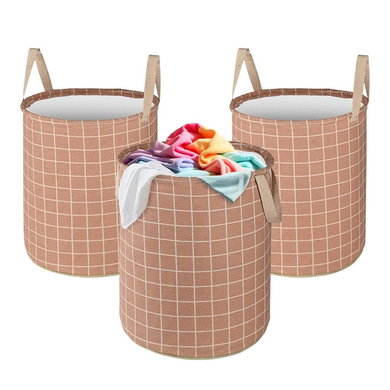 Urbane Home Urbane Home Pack of 3 Foldable Dirty Clothes 45L Laundry Basket With Handles Baby Unwashed Dress BinStorage Box Checkered Light Brown - Image 1