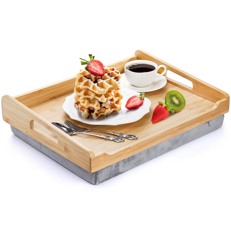 TOPZEA Bamboo Lap Tray with Detachable Cushion 165x 125 Bed Trays TV Lap Desk Breakfast Meal Serving Tray with Handle for Adults Eating in Recliner Couch Car Fits for 1314 Inch Laptops - Image 2