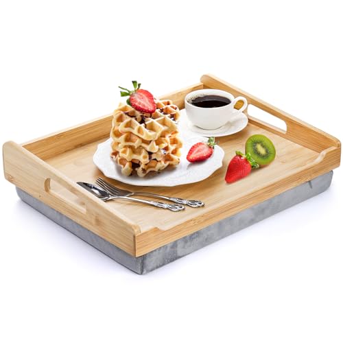 TOPZEA Bamboo Lap Tray with Detachable Cushion 165x 125 Bed Trays TV Lap Desk Breakfast Meal Serving Tray with Handle for Adults Eating in Recliner Couch Car Fits for 1314 Inch Laptops - Image 1