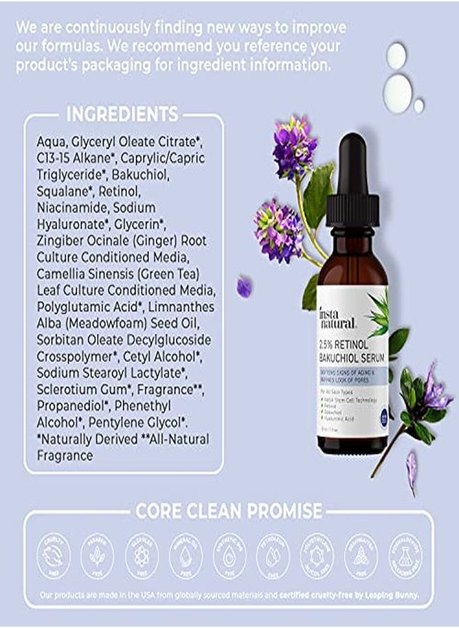 Instanatural - سيروم للوجه والبشرة مع باكوشيول لتقليل المسام ومكافحة الشيخوخة والعناية بالخطوط الدقيقة والتجاعيد لبشرة تبدو أصغر سناً بديل طبيعي لسيروم الوجه حمض الهيالورونيك ونياسيناميد - Image 1