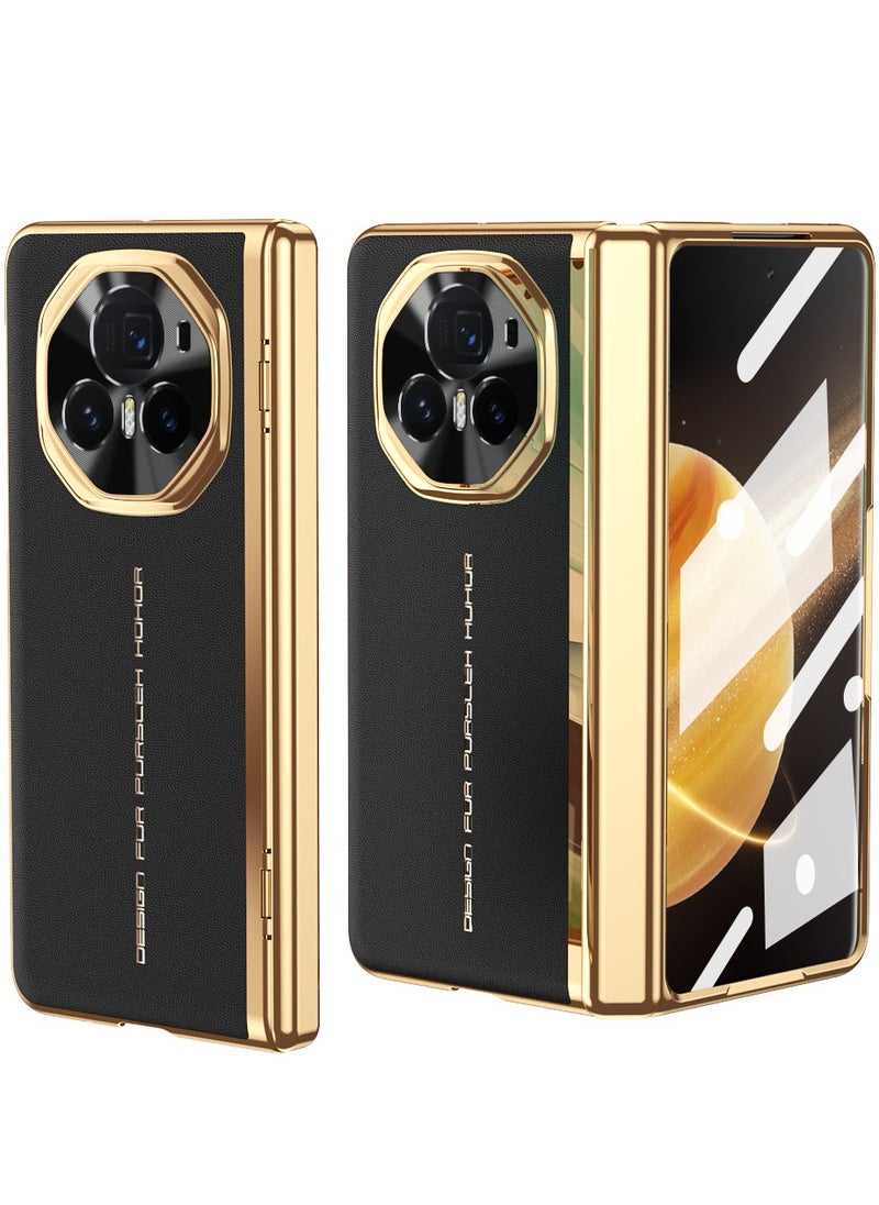 General - Case Compatible with Honor Magic V3 Case [Built-in Screen Protector] Plating Frame Plain Leather Case Camera Lens Protection Shockproof Protective Cover - Image 1