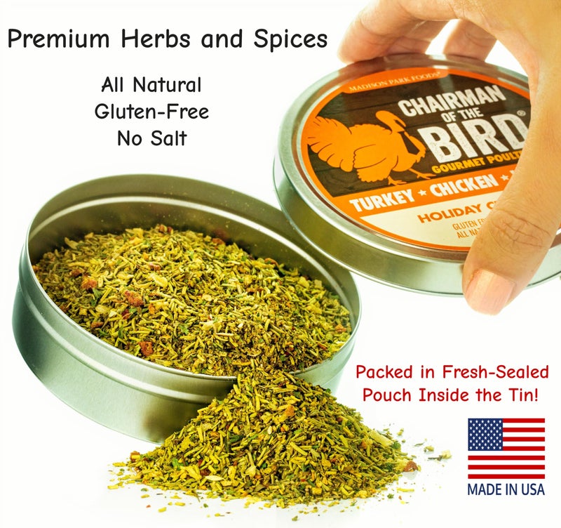 2-Chairman of the Bird Gourmet Turkey Rub - Herb Seasoning, Dry Brine Kit and Stuffing Mix - Roasting, Grilling, Smoking - All-Natural Gluten-Free No Salt Sugar or MSG, 2 Ounce Spice Tin - Image 2