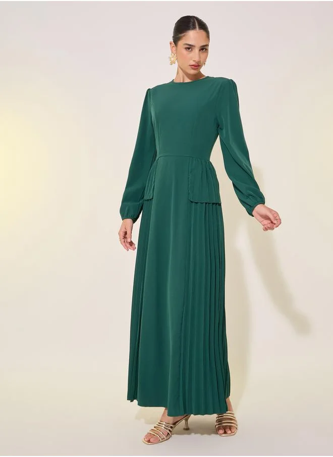 Styli Solid Round Neck Balloon Sleeve Pleated Maxi Dress