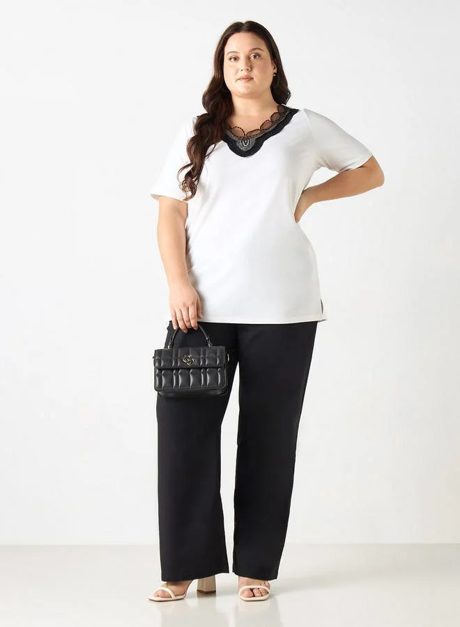 Ulla Popken Plus Size Ulla Popken Lace Detail V-neck T-shirt with Short Sleeves