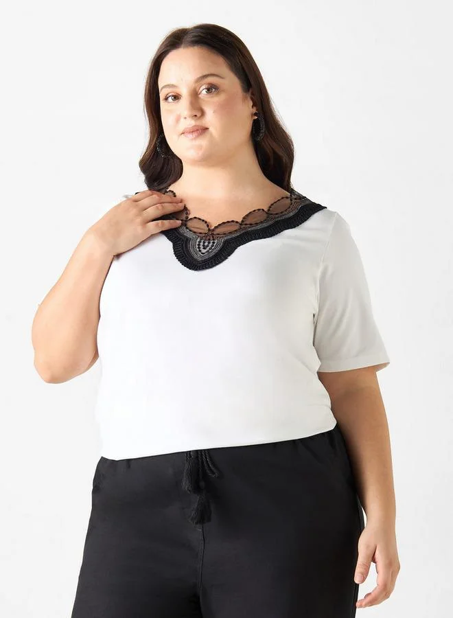 Ulla Popken Plus Size Ulla Popken Lace Detail V-neck T-shirt with Short Sleeves