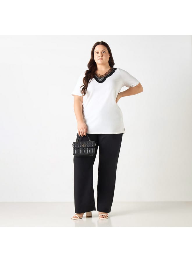 Ulla Popken Plus Size Ulla Popken Lace Detail V-neck T-shirt with Short Sleeves  - Image 2