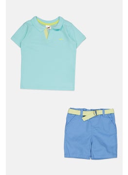 Little Gent Kids Boy 2 Pcs Embroidered Logo Polo Shirt And Belted Shorts Set, Multicolor  - Image 1