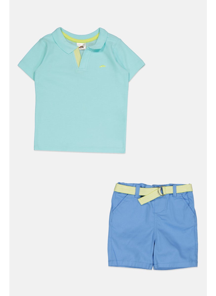 Little Gent Kids Boy 2 Pcs Embroidered Logo Polo Shirt And Belted Shorts Set, Multicolor  - Image 1