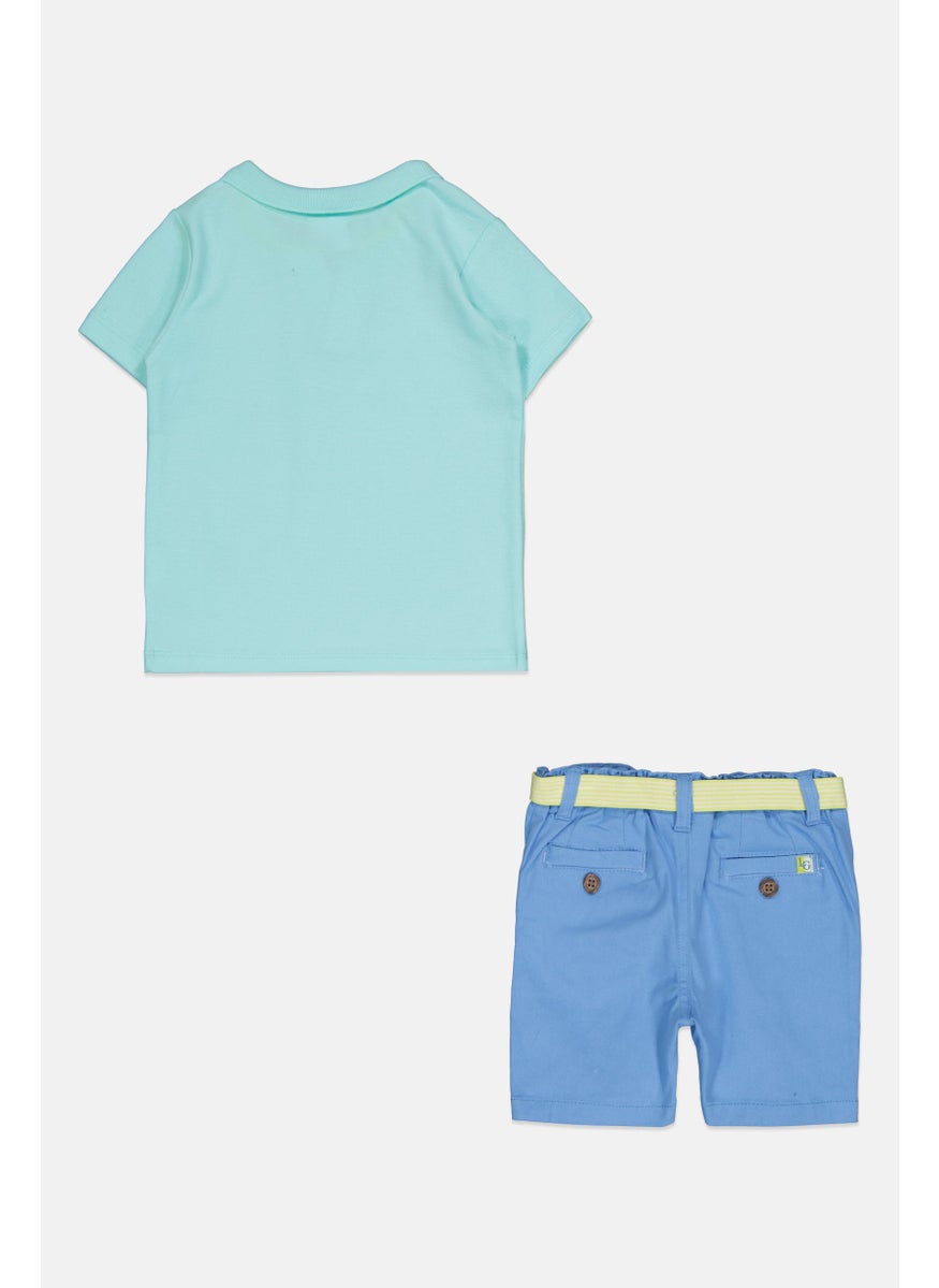 Little Gent Kids Boy 2 Pcs Embroidered Logo Polo Shirt And Belted Shorts Set, Multicolor  - Image 2