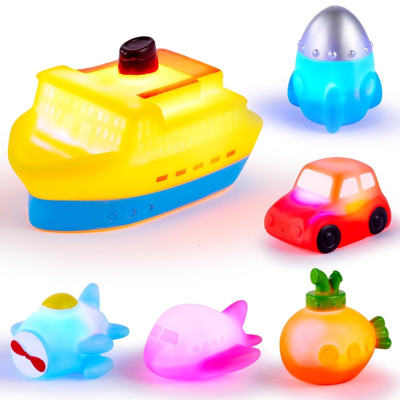 CHIMAGER 6 Packs No Hole Boat Bath Toy Set, Light up Changing Color in Water, Floating Rubber Bathtub Toys for Baby Toddler Infant Boy Girl Kid Play, Led Growing Pal in Shower Bathroom Tub or Swimming Pool - Image 1