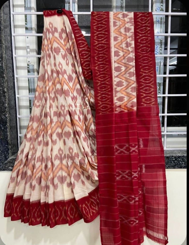 RADHA LAKSHMI Handicrafts Women's Ikat Hand Block Print Pure Soft Cotton Mulmul Saree Maroon Multi Colour with Blouse Piece (ikkat spec) - Image 2