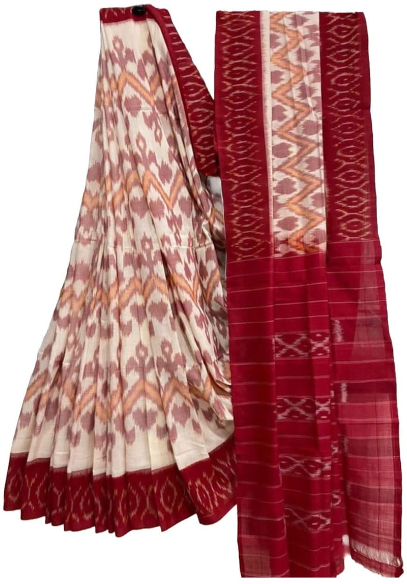 RADHA LAKSHMI Handicrafts Women's Ikat Hand Block Print Pure Soft Cotton Mulmul Saree Maroon Multi Colour with Blouse Piece (ikkat spec) - Image 1