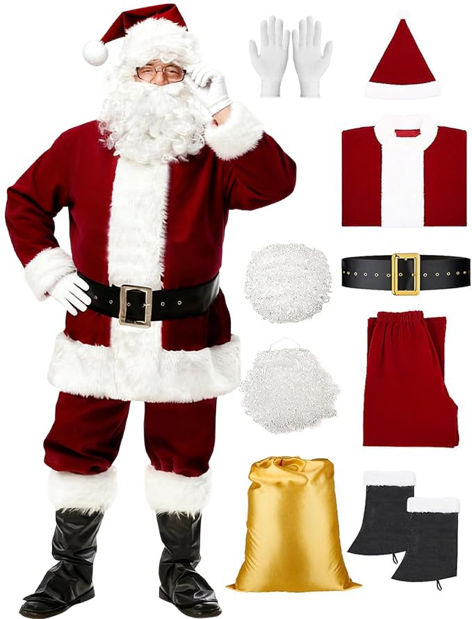 Thupmuk Santa Claus Costume for Men Deluxe Santa Costume, Professional Santa Suits Adults Men 9 Pcs Santa Oufit - Image 1