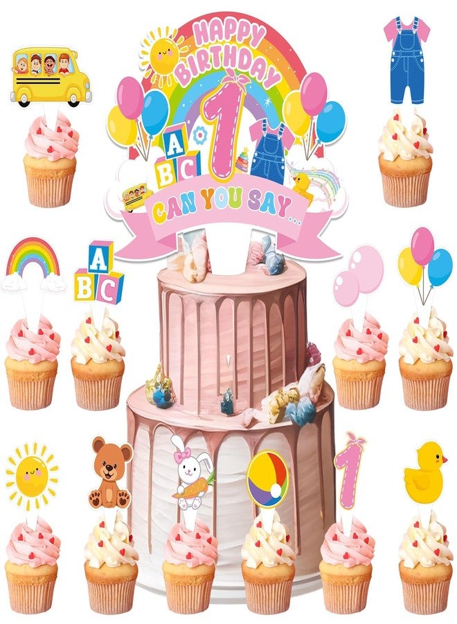 MinFyberd 26Pcs Cartoon Girls 1st Happy Birthday Cake Toppers Cartoon Teacher Cupcake Toppers English Teacher Rainbow ABC Bus Dessert Cake Decorations for One Year Old First Birthday Classroom Party Supplies - Image 1