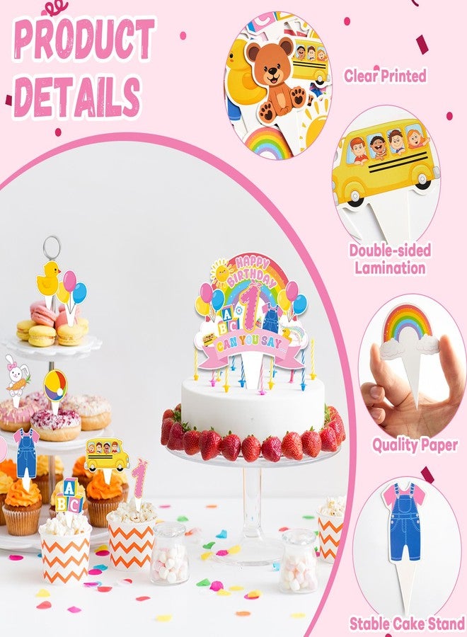 MinFyberd 26Pcs Cartoon Girls 1st Happy Birthday Cake Toppers Cartoon Teacher Cupcake Toppers English Teacher Rainbow ABC Bus Dessert Cake Decorations for One Year Old First Birthday Classroom Party Supplies - Image 3