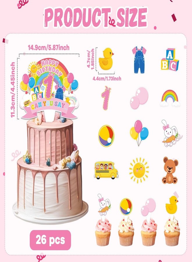 MinFyberd 26Pcs Cartoon Girls 1st Happy Birthday Cake Toppers Cartoon Teacher Cupcake Toppers English Teacher Rainbow ABC Bus Dessert Cake Decorations for One Year Old First Birthday Classroom Party Supplies - Image 2