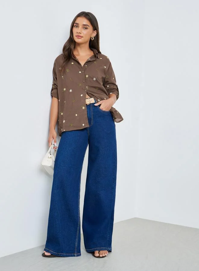 Styli Brown Embroidered Linen Look Longline Shirt