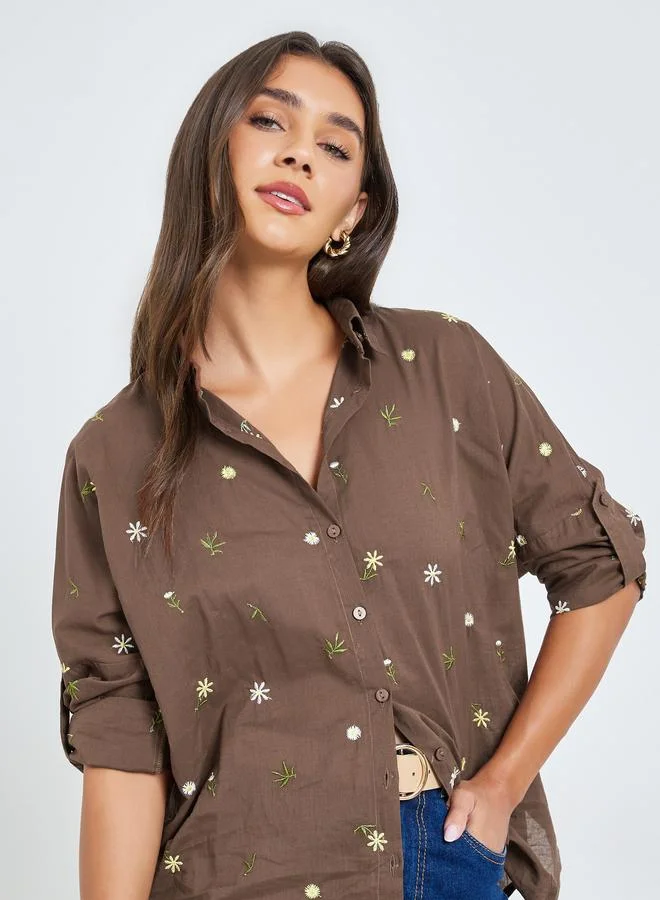 Styli Brown Embroidered Linen Look Longline Shirt