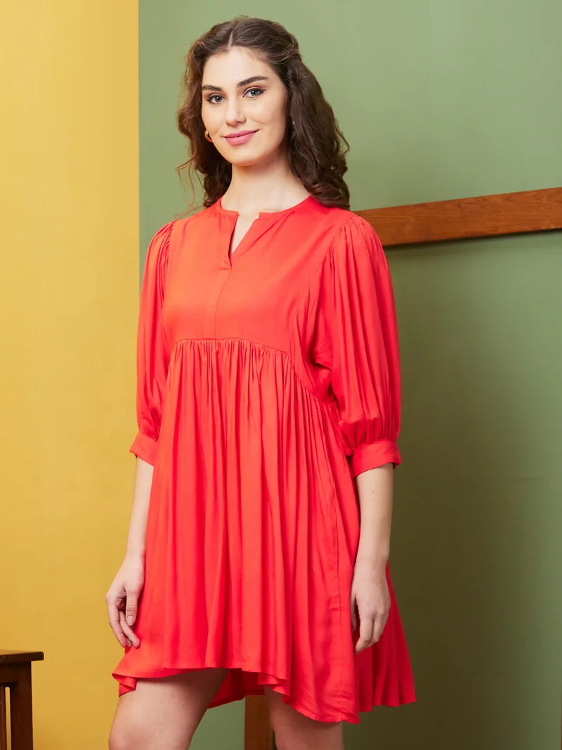 globus Women Orange Round Neck Three-Quarter Sleeves A-Line Casual Dress