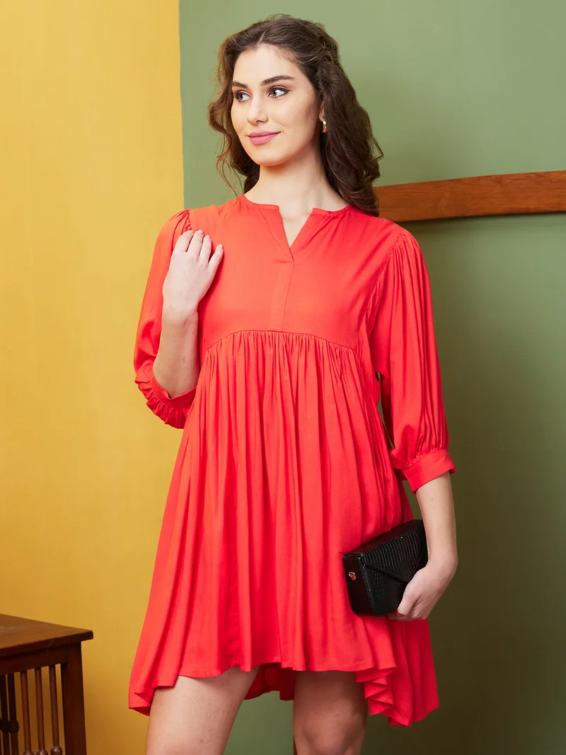 globus Women Orange Round Neck Three-Quarter Sleeves A-Line Casual Dress