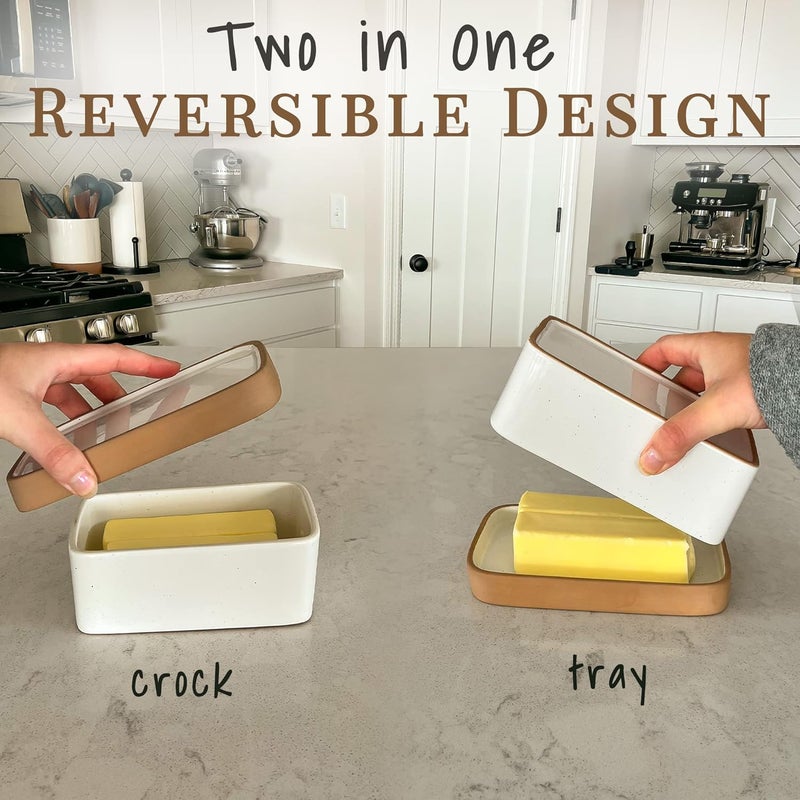 Mora Ceramic Two-in-One Butter Dish with Lid, Covered Butter Crock Container to Leave on Countertop - Large Storage Keeper/Holder for Kitchen, Gifts for Her, Butter Tray For Counter - Vanilla White - Image 2