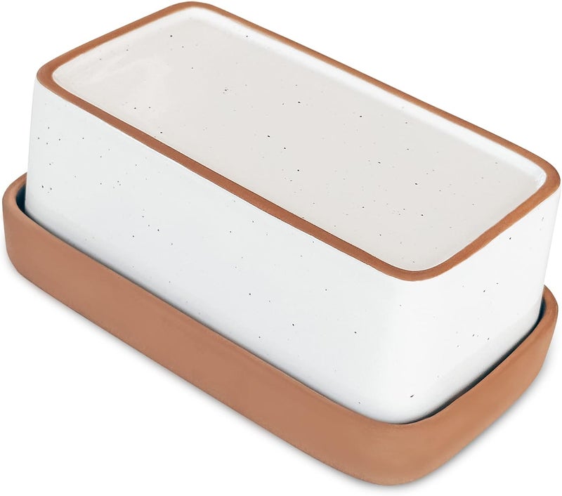 Mora Ceramic Two-in-One Butter Dish with Lid, Covered Butter Crock Container to Leave on Countertop - Large Storage Keeper/Holder for Kitchen, Gifts for Her, Butter Tray For Counter - Vanilla White - Image 1