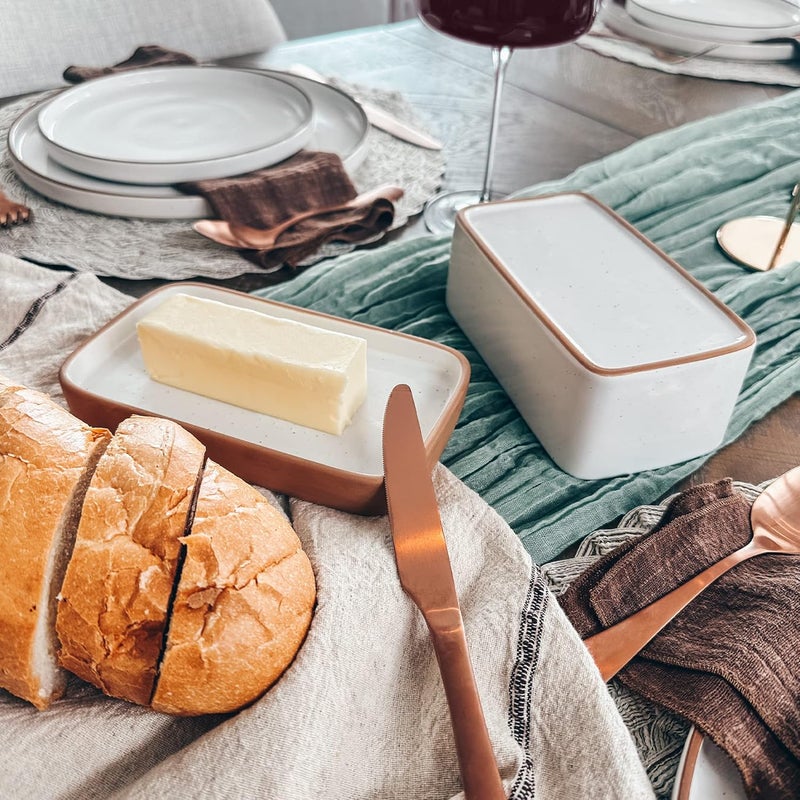 Mora Ceramic Two-in-One Butter Dish with Lid, Covered Butter Crock Container to Leave on Countertop - Large Storage Keeper/Holder for Kitchen, Gifts for Her, Butter Tray For Counter - Vanilla White - Image 5