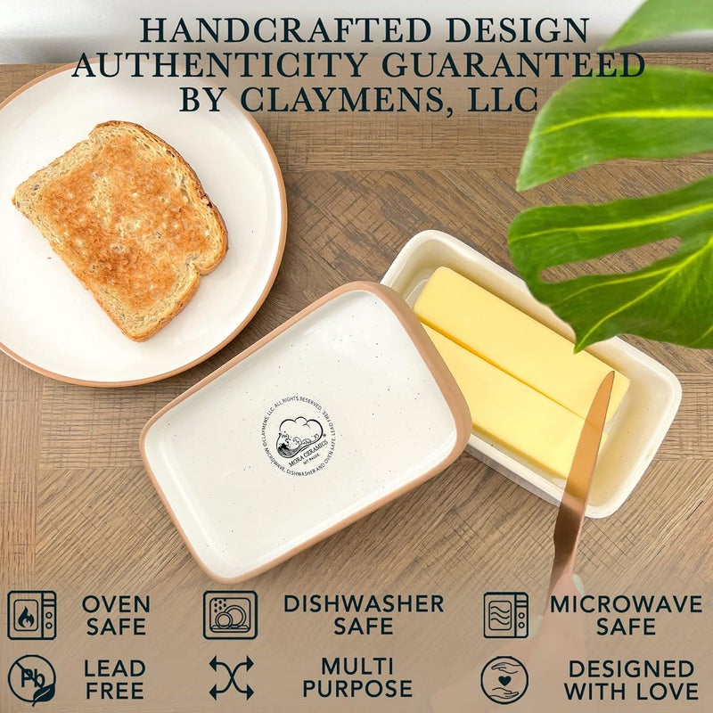 Mora Ceramic Two-in-One Butter Dish with Lid, Covered Butter Crock Container to Leave on Countertop - Large Storage Keeper/Holder for Kitchen, Gifts for Her, Butter Tray For Counter - Vanilla White - Image 4
