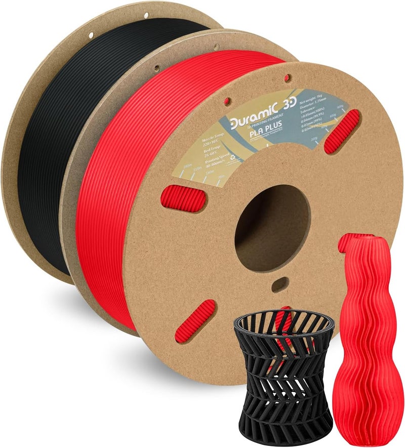 DURAMIC 3D PLA+ Filament 1.75mm 2Kg Black + Rouge Red, PLA Plus Filament 2 Pack 1kg Spool(2.2lbs) Tougher and Stronger, Dimensional Accuracy Probability +/- 0.02mm - Image 1