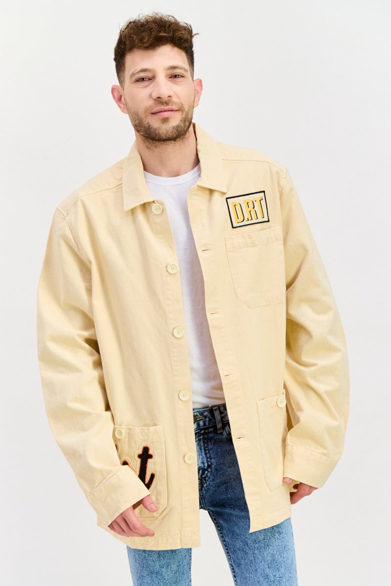 D RT Men Embroidered Logo Jacket Shirt, Cream - Image 1