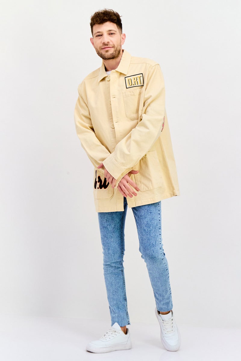 D RT Men Embroidered Logo Jacket Shirt, Cream - Image 3
