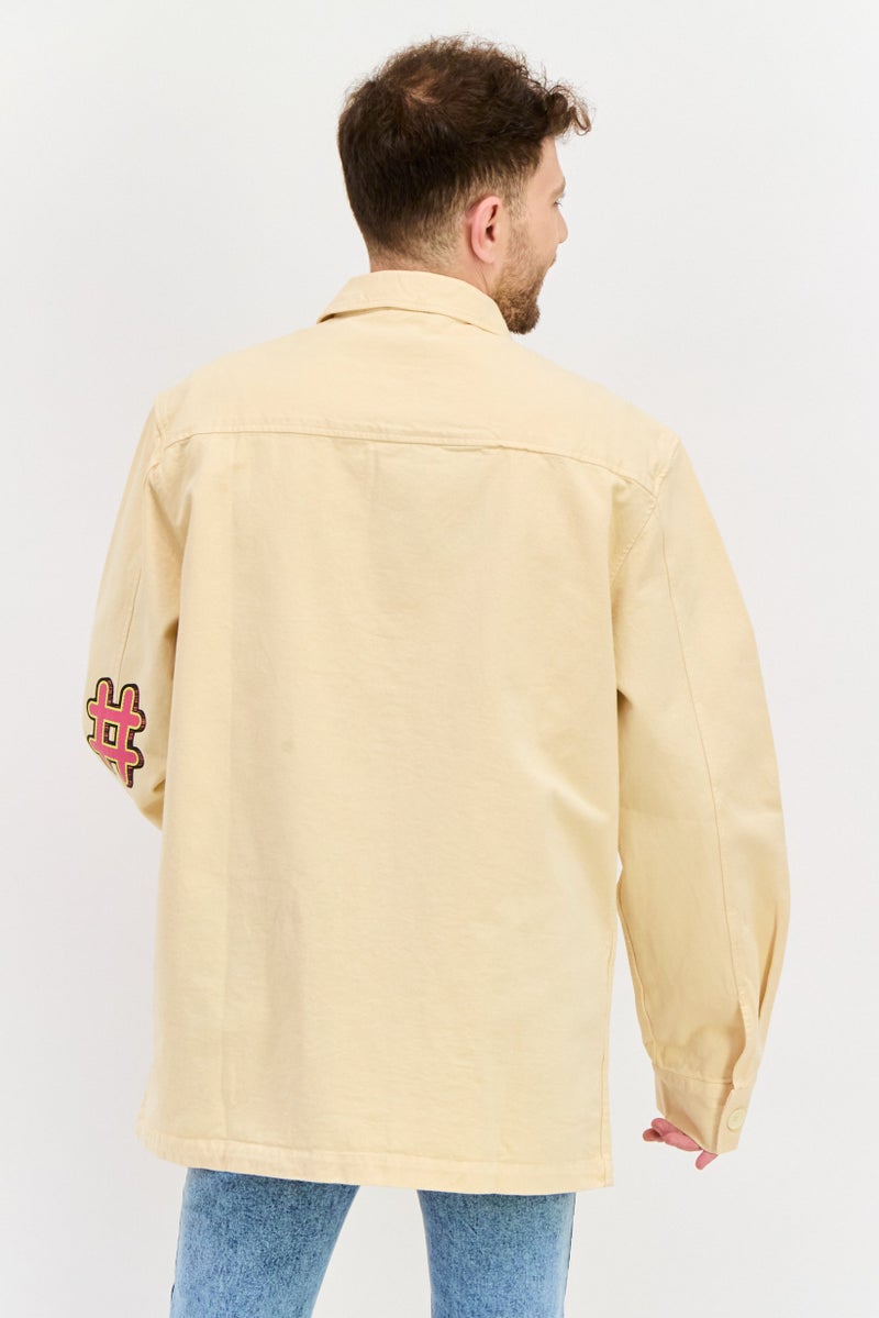 D RT Men Embroidered Logo Jacket Shirt, Cream - Image 2