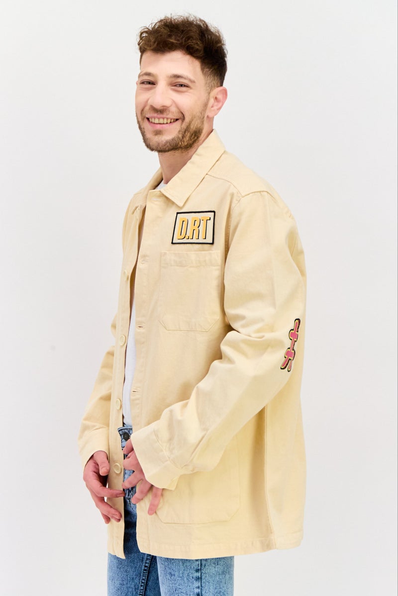 D RT Men Embroidered Logo Jacket Shirt, Cream - Image 4