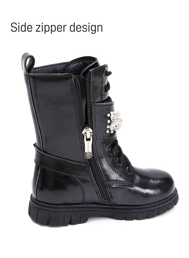 تارانيس حذاء تارانيس للأطفال من الجلد الأسود اللامع - حزام كاحل بإبزيم كريستالي وسحاب جانبي - Image 5