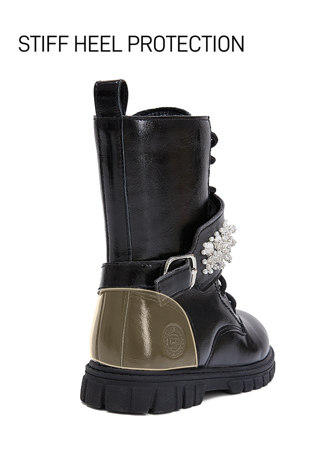 تارانيس حذاء تارانيس للأطفال من الجلد الأسود اللامع - حزام كاحل بإبزيم كريستالي وسحاب جانبي - Image 4