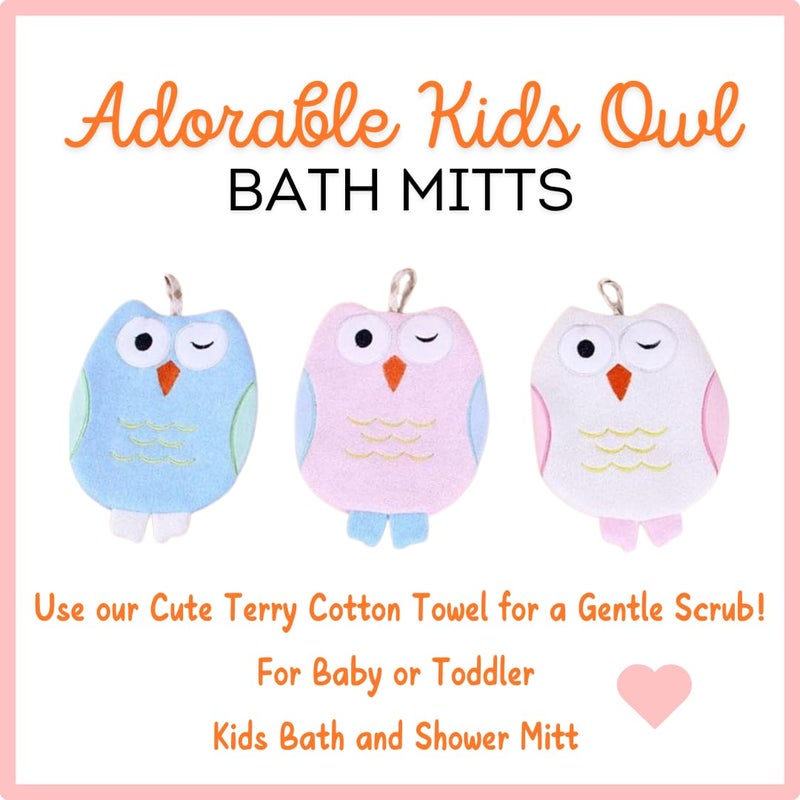 Harmony N More - Olivia The Owl Washcloth - Animal Shape Cotton Mitt - Bath Glove for Kids - Bath Towel Gloves - Cute Glove - Puppet Bath Glove (Pink, Blue) - Image 4