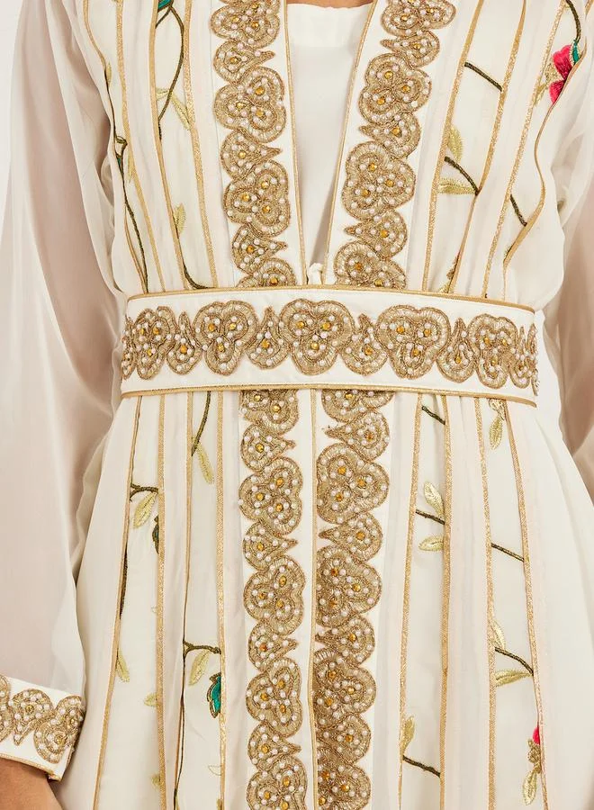 Maxim Creation Printed Embroidered Kaftan with Belt Detail
