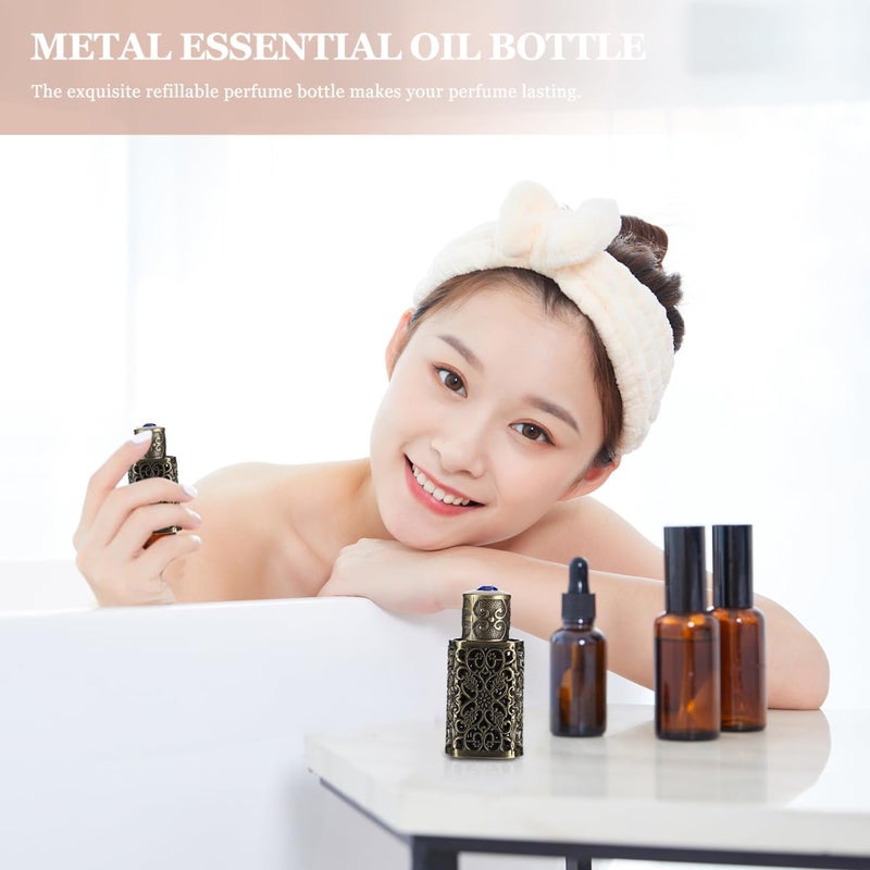 OSALADI Hollow Metal Essential Oil Dropper Bottle Empty Refillable Perfume Bottle Elegant Rhinestone Glass Perfume Vial Scent Bottles for Home Travel Indoor Deocr ( Green Patina 3ML/ 0. 1OZ ) - Image 2