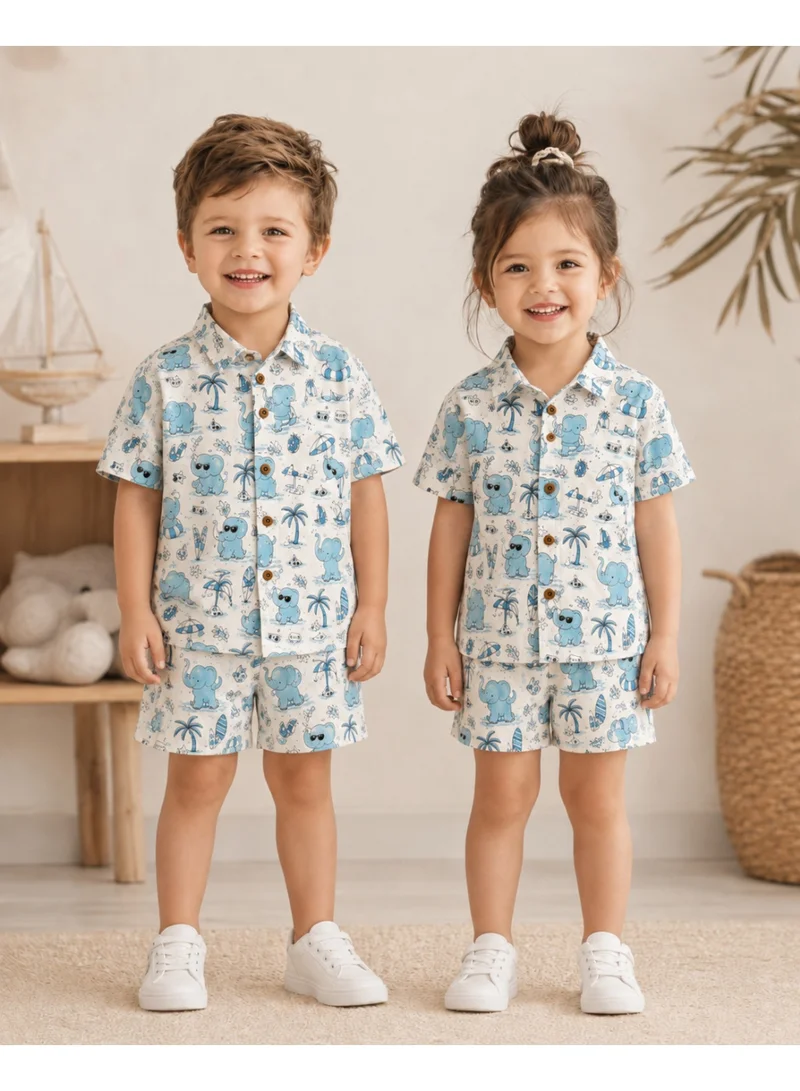 Matching Family Outfits Unisex Kids Blue Elephant Print Short Sleeve Shirt and Shorts Co-ord Set, 2 Piece, Lightweight Cotton, Off-White