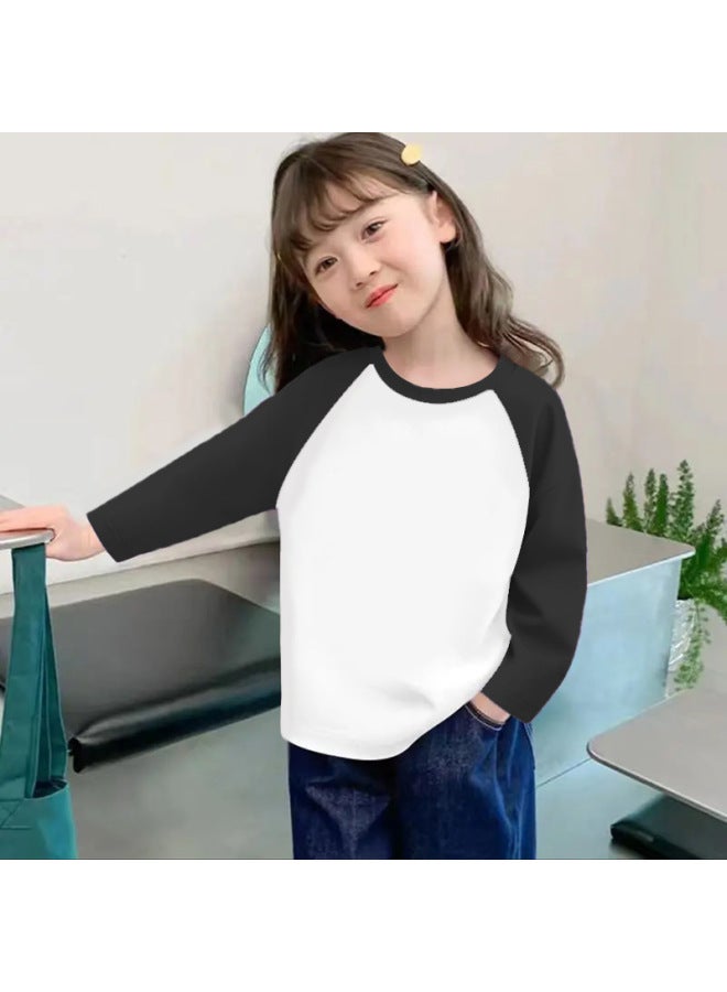 Girls' Slim-fit Base Shirt, New Spring And Autumn Style, Curved Hem, Pure Cotton, Long-sleeve, Versatile Color-blocking, Round Neck T-shirt For Older Children