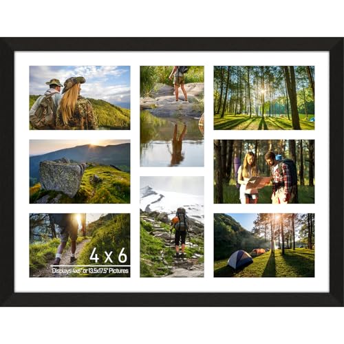 Lacopgr 4x6 Photo Collage Frame 8 Openings Wooden, 13.5x17.5 Multi Picture Frame Collage Wall Decor, Black Frame with White Mat, Solid Pine Wood - Image 1