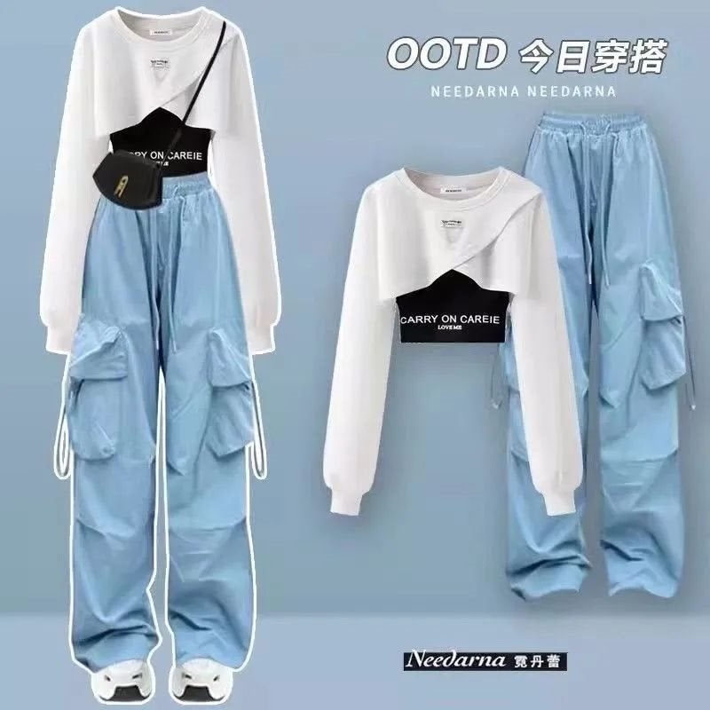 Spring and Autumn Korean Style Womens Outfit Korean Version Loose Campus Style Sweatshirt Camisole Cargo Pants Womens Jogger Three-Piece Set Trendy Blue overalls [single pants]