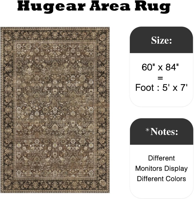 HUGEAR 5x7 Machine Washable Rugs Brown Hallway Area Rug Indoor Accent Rug Floral Low Pile Carpet Soft Throw Aesthetic Rug Bedroom Living Room Office Dining Room Kitchen Laundry Room Non Slip - Image 2