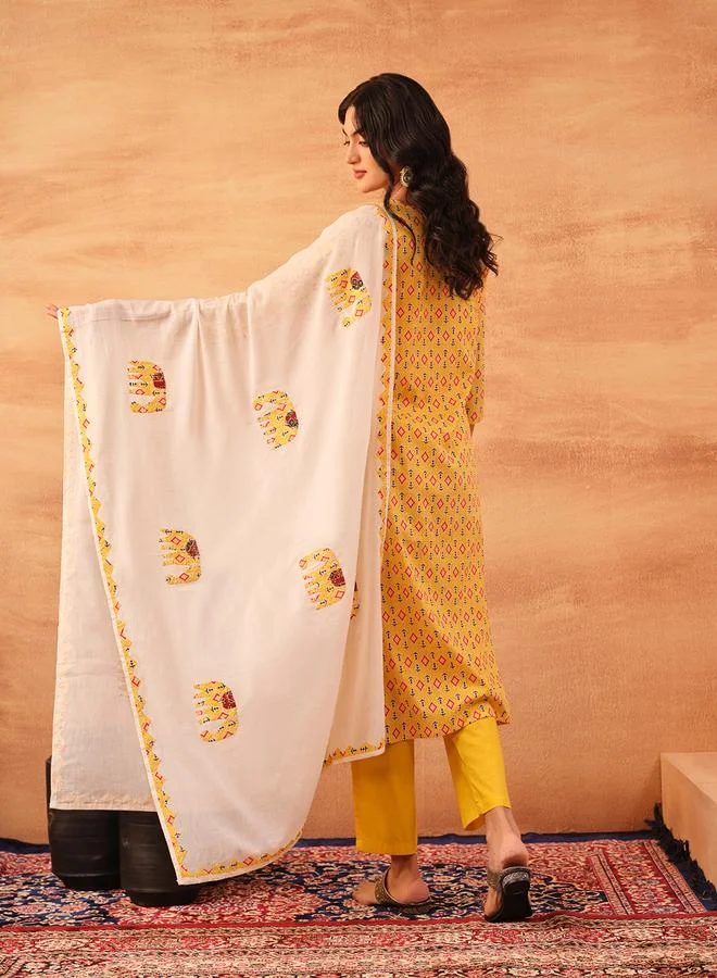 ISHIN Women's Yellow 100% Cotton Printed Tunic Top With Ankle Palazzo Straight 3 Peice Kurta Set