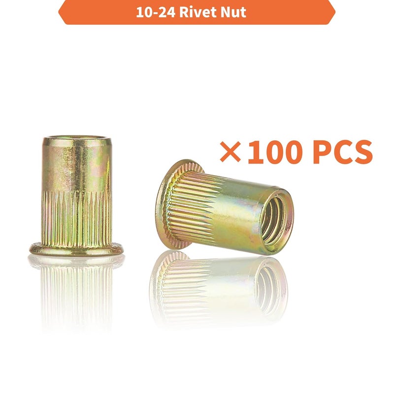 EZ-NUTUL Rivet Nut Installation Tool Set Flat Head Rivnut Threaded Insert Nut Kit SAE & Metric for Metal Heavy Duty Zinc Plated Nutsert (10-24(Rivet Nut-100pcs)) - Image 4