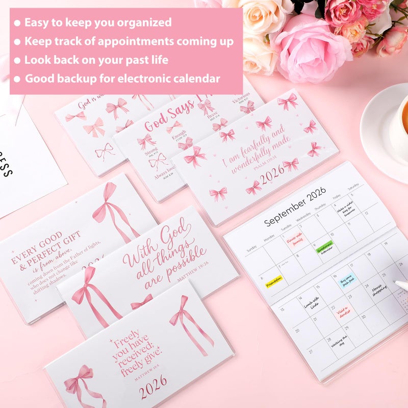 ReliThick 6 Pcs 2026 Pocket Calendar for Purse Monthly Planner Notebook Small Pocket Calendar Journals Notepads Appreciation Present Gift for Women Teacher School Office(Pink Bow) - Image 4