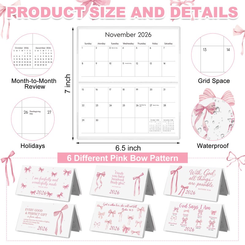 ReliThick 6 Pcs 2026 Pocket Calendar for Purse Monthly Planner Notebook Small Pocket Calendar Journals Notepads Appreciation Present Gift for Women Teacher School Office(Pink Bow) - Image 2