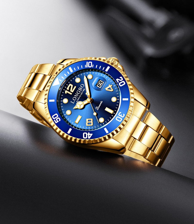 LONGBO Master Royale Analog Watch For Men (Gold-Blue, Stainless Steel) - Image 2